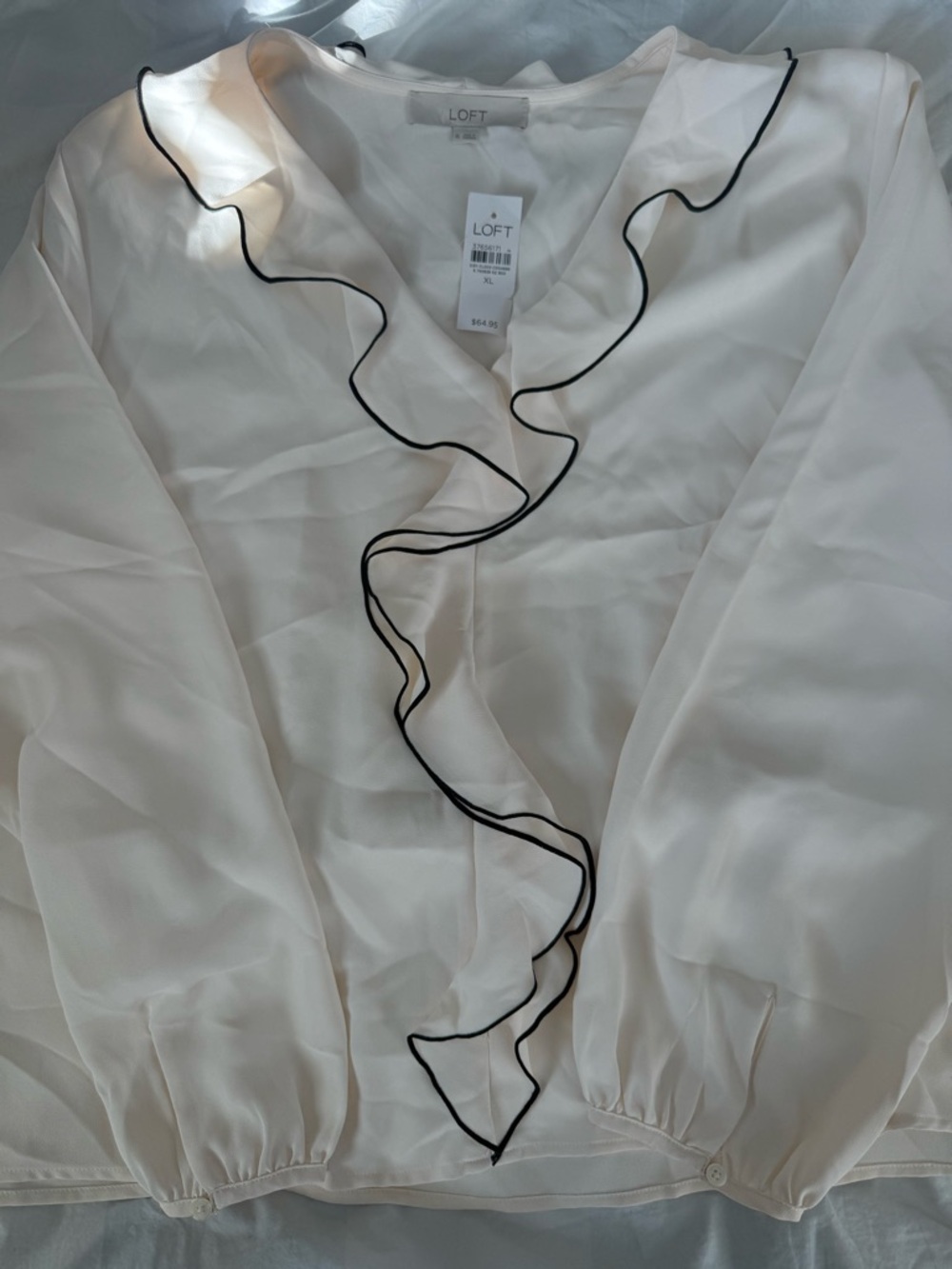LOFT Cream Ruffle Blouse with Black Piping